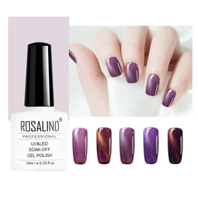A bottle of rosalind professional uv&led soak-off gel polish in a sleek white and black design, featuring five swatches showcasing gradient purple to deep violet hues with magnetic effects.