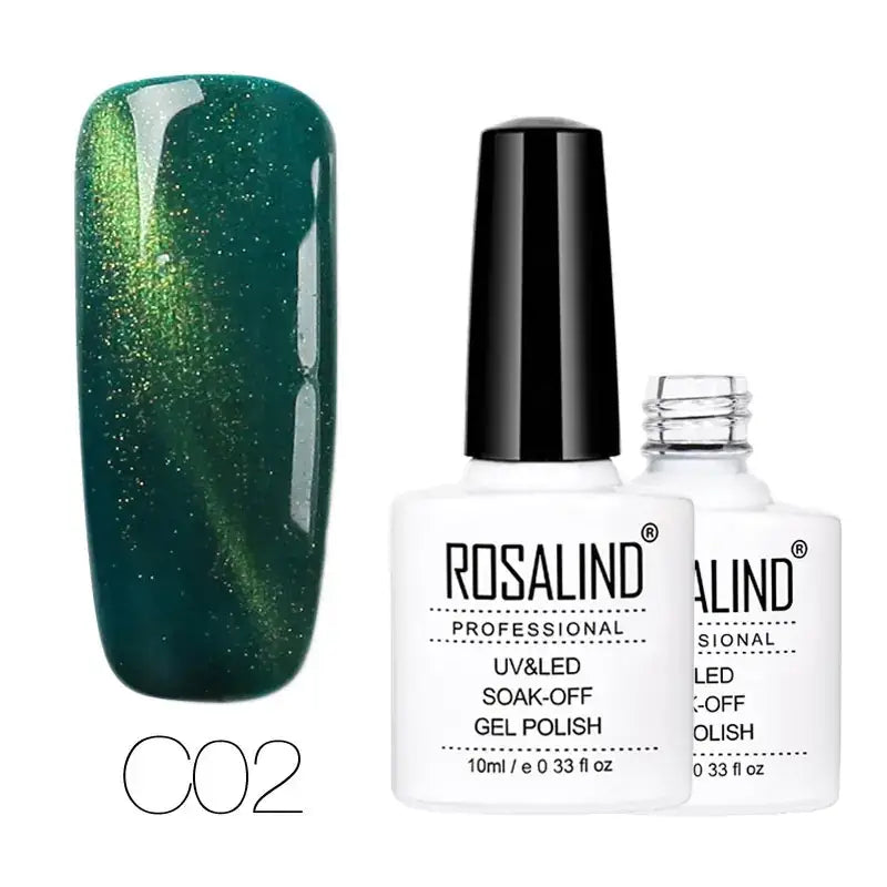 Emerald green shimmering cat-eye gel polish in a white bottle with black cap, model c02 by rosalind.