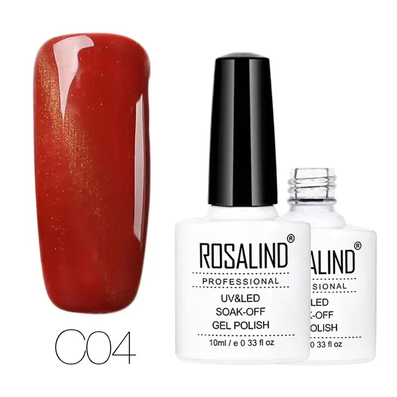 Rosalind professional uv&led soak-off gel polish in a glossy red shade with shimmer, presented in white bottles with black caps.