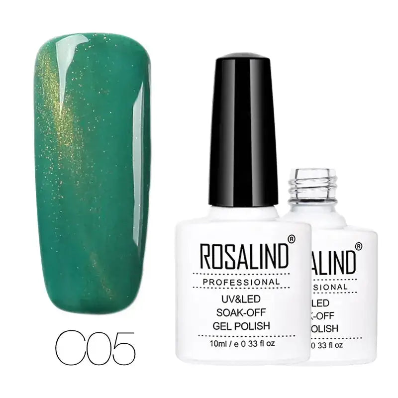 Emerald green shimmering gel nail polish in a white bottle with black cap, labeled ’rosalind professional uv&led soak-off gel polish’ and shade code c05.