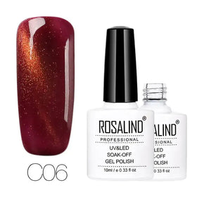 Rosalind professional uv&led soak-off gel polish in a glossy, shimmering deep red with golden metallic flecks.