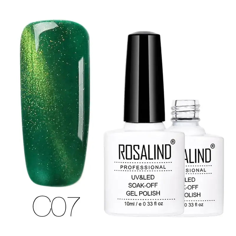 Green shimmering gel nail polish in a white bottle with black cap, labeled ’rosalind professional uv&led soak-off gel polish’ and shade number c07.