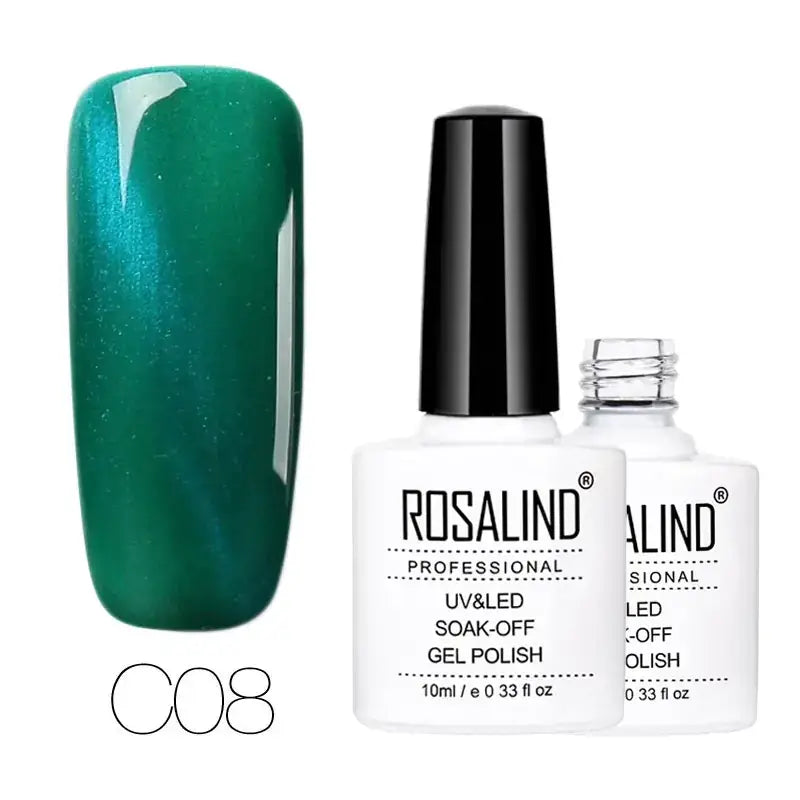 Emerald green shimmering gel nail polish in a white bottle with black cap, labeled ’rosalind professional uv&led soak-off gel polish’ and shade number c08.
