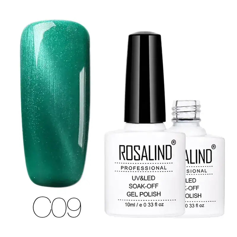 Emerald green shimmering gel nail polish in a white bottle with black cap, labeled ’rosalind professional uv&led soak-off gel polish’ and shade number c09.