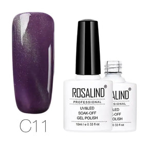 Purple shimmer gel polish in a white bottle with black cap, labeled ’rosalind professional uv&led soak-off gel polish’ and shade code c11.