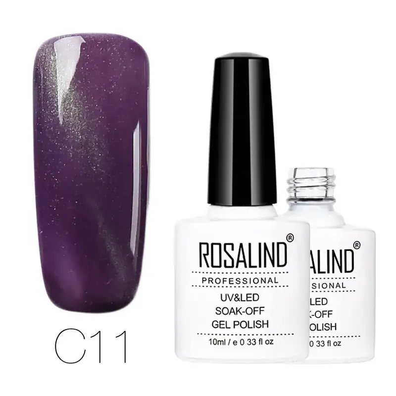 Purple shimmer gel polish in a white bottle with black cap, labeled ’rosalind professional uv&led soak-off gel polish’ and shade code c11.