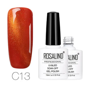 Rosalind professional uv&led soak-off gel polish in shade c13, featuring a vibrant orange-red hue with shimmering gold glitter particles.