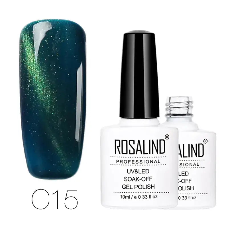 Deep teal and green shimmering cat-eye gel polish in shade c15 from rosalind professional.
