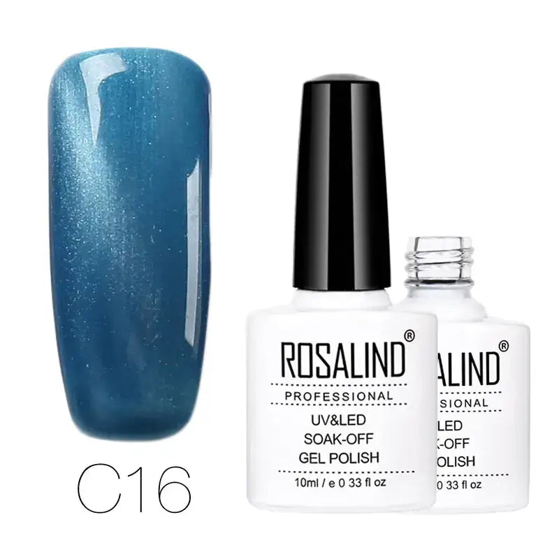 Blue shimmer gel polish in a white bottle with black cap, labeled ’rosalind professional uv&led soak-off gel polish’ and shade code c16.