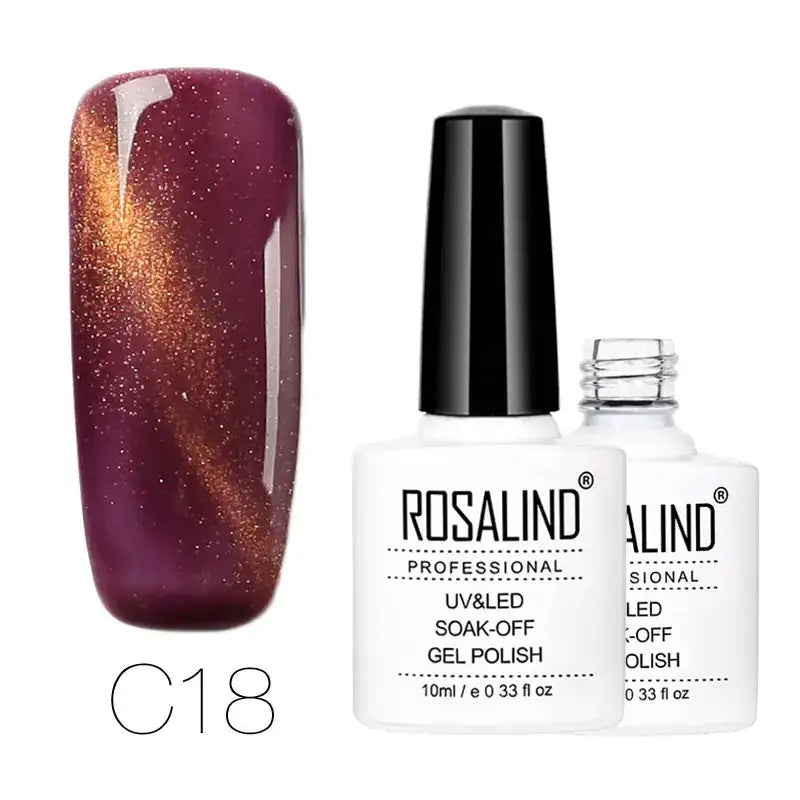 Rosalind professional uv&led soak-off gel polish in shade c18, featuring a deep purple base with shimmering gold magnetic glitter.