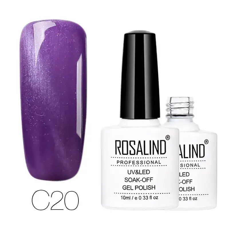 Purple shimmer gel polish in a white bottle with black cap, labeled ’rosalind professional uv&led soak-off gel polish’ and shade c20.
