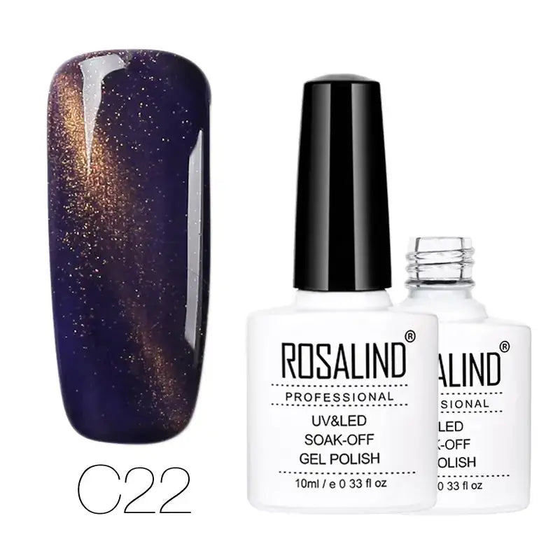 Deep purple and gold magnetic gel nail polish in a white bottle with black cap, model c22.