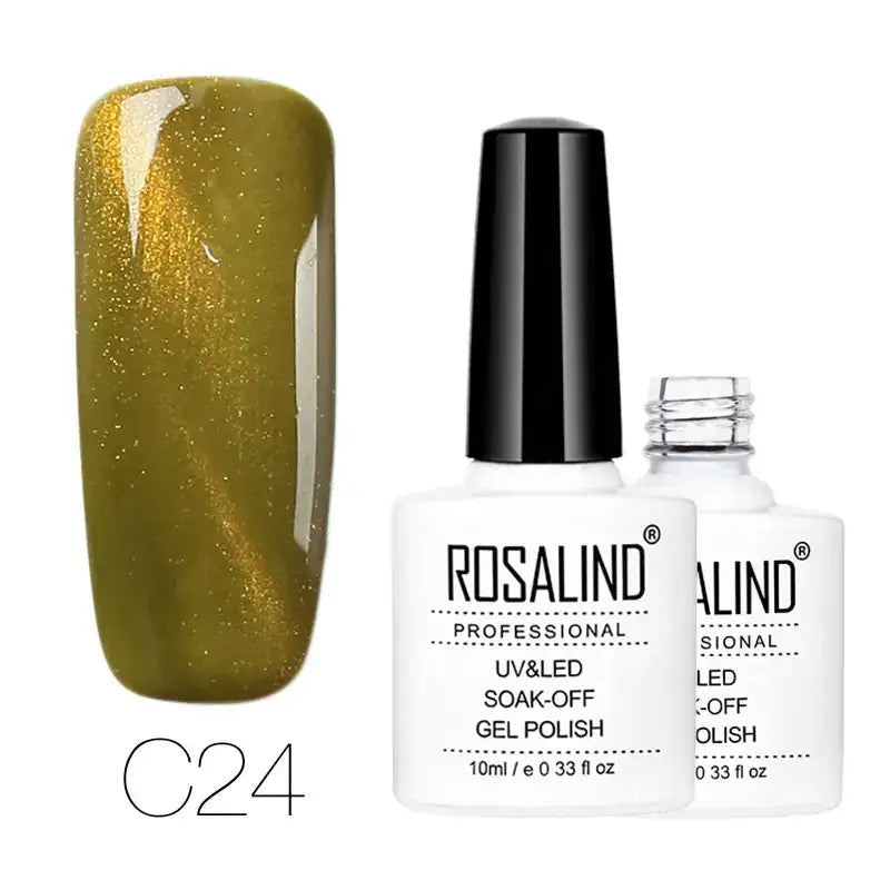 Olive green shimmer gel polish in a white bottle with black cap, labeled ’rosalind professional uv&led soak-off gel polish’ and shade c24.