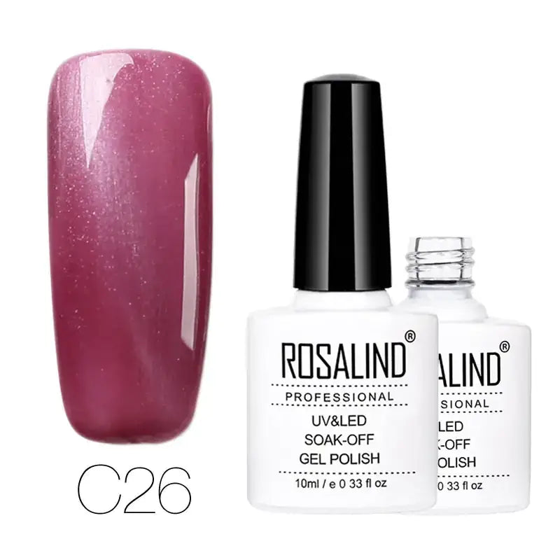 Rosalind professional uv&led soak-off gel polish in shade c26, featuring a shimmering deep rose hue with fine glitter particles.