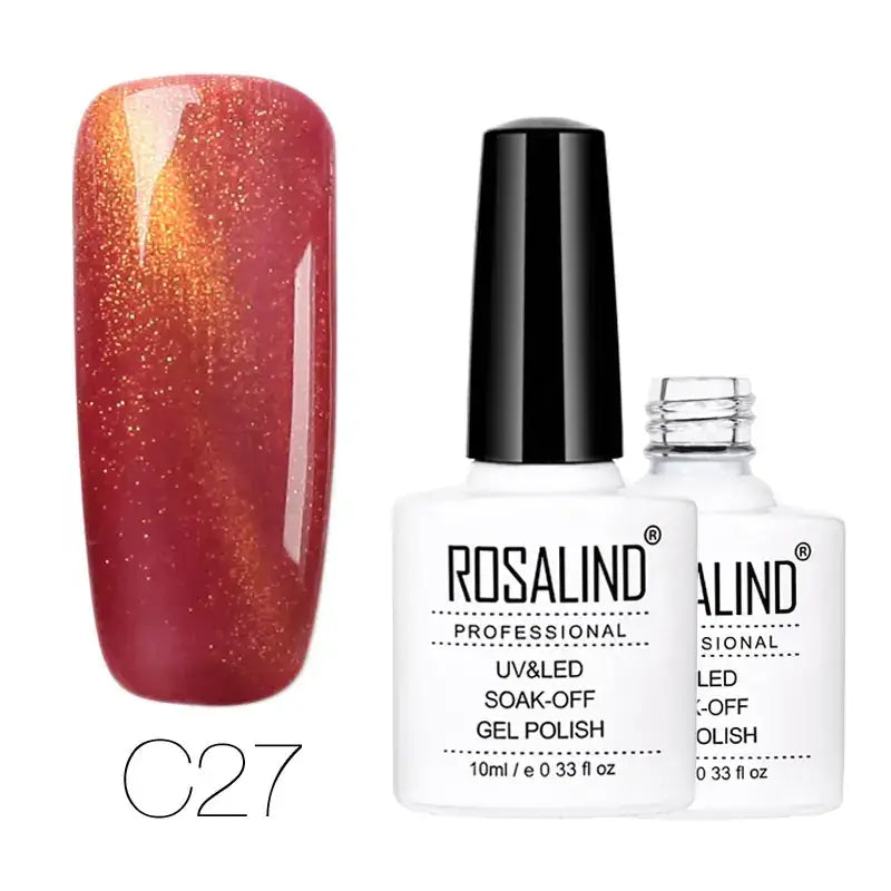 Rosalind professional uv&led soak-off gel polish in shade c27, featuring a shimmering red and gold gradient finish.