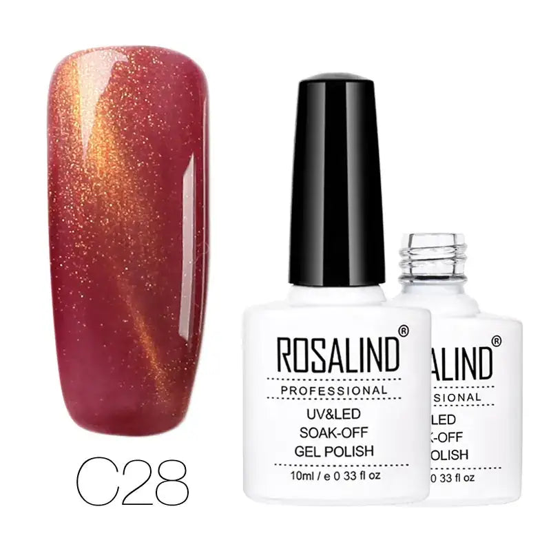 Rosalind professional uv&led soak-off gel polish in shade c28, featuring a shimmering red and gold magnetic effect finish.