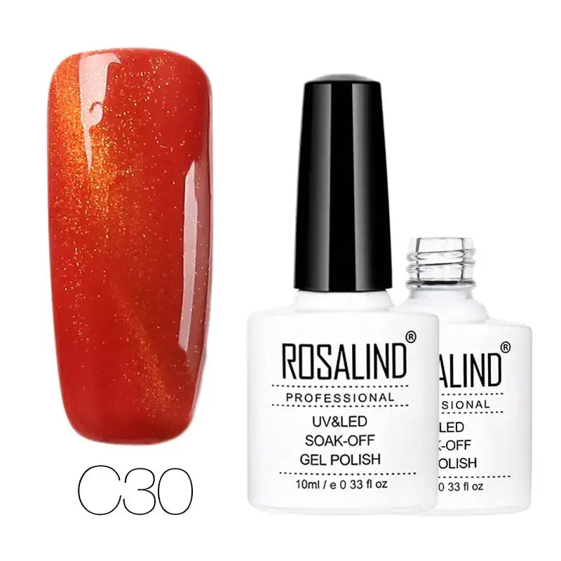 Rosalind professional uv&led soak-off gel polish in shade c30, featuring a vibrant red-orange hue with shimmering gold glitter.