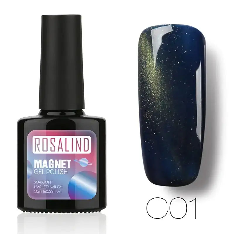 Rosalind magnet gel polish in shade c01, a deep navy blue with shimmering gold magnetic glitter.