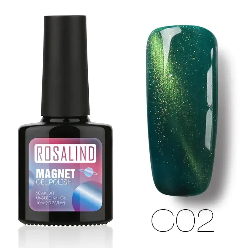 Rosalind magnet gel polish in shade c02, a deep emerald green with shimmering metallic flecks and magnetic properties.