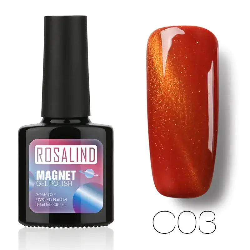 Rosalind magnet gel polish in shade c03, a vibrant red-orange with shimmering gold flecks and magnetic properties.