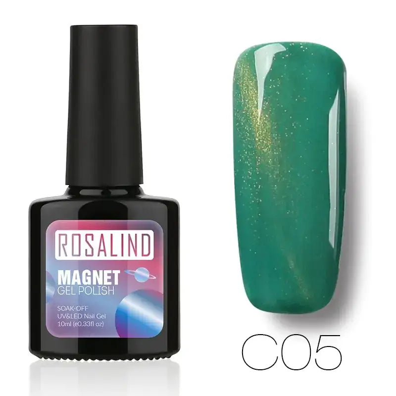 Rosalind magnet gel polish in shade c05, a glossy emerald green with shimmering gold magnetic flakes.