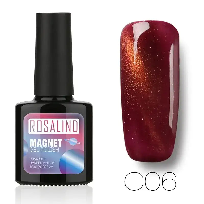 Rosalind magnet gel polish in shade c06, a deep red with shimmering orange magnetic glitter.
