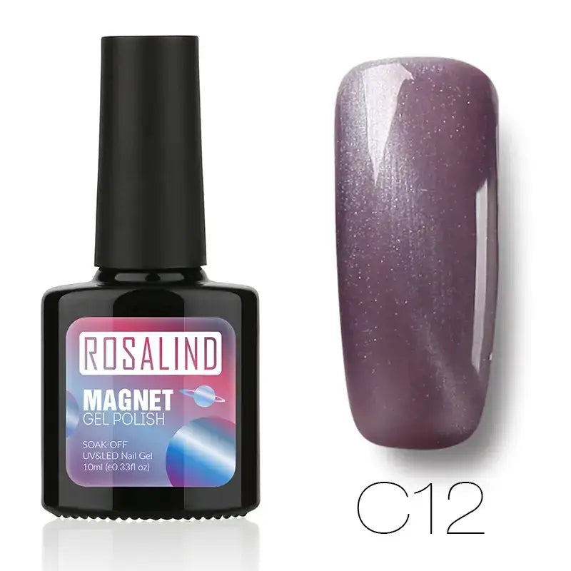 Rosalind magnet gel polish in shade c12, a shimmering purple nail gel with fine glitter particles.