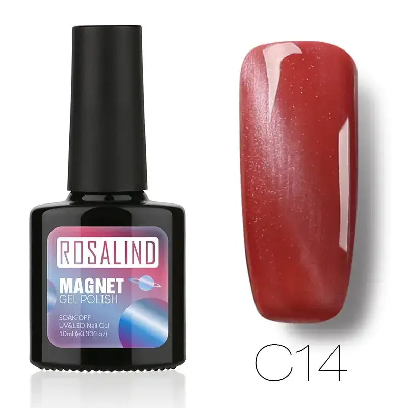 Rosalind magnet gel polish in shade c14, a vibrant red with subtle shimmer.