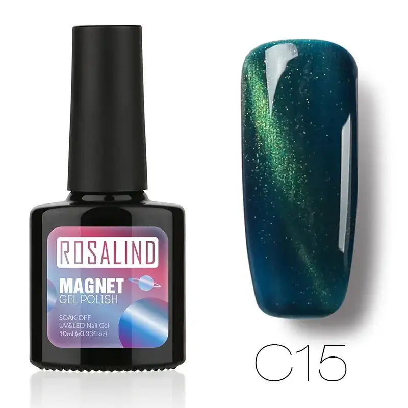 Rosalind magnet gel polish in shade c15, a deep teal with shimmering green magnetic swirls.