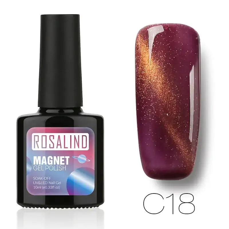 Rosalind magnet gel polish in shade c18, a deep purple with shimmering gold magnetic glitter.