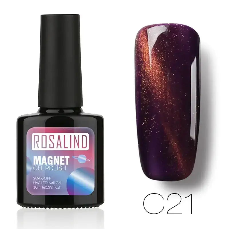 Rosalind magnet gel polish in shade c21, a glossy deep purple nail polish with shimmering orange and gold magnetic glitter.