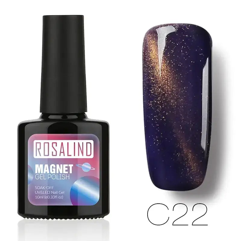 Rosalind c22 magnet gel polish in a sleek black bottle with a glossy, deep purple and gold shimmer finish.