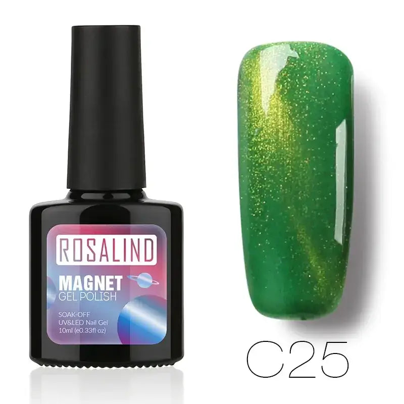 Rosalind magnet gel polish in shade c25, a vibrant green with shimmering gold flecks and magnetic properties.