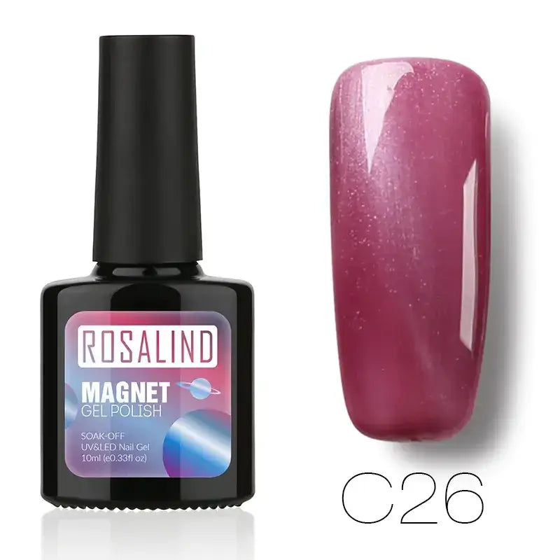 Rosalind magnet gel polish in shade c26, a glossy magenta with fine glitter particles.