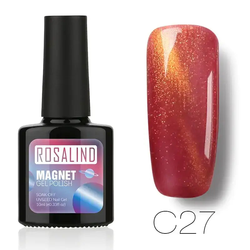 Rosalind magnet gel polish in shade c27, a shimmering red-orange magnetic nail polish with golden glitter particles.