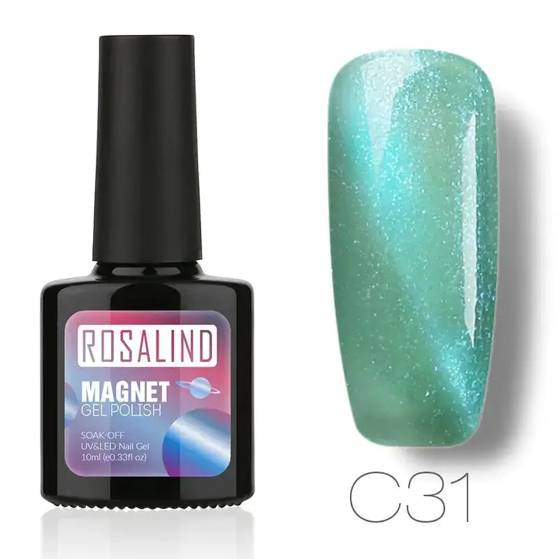 Rosalind magnet gel polish in shade c31, a shimmering teal with magnetic swirls.