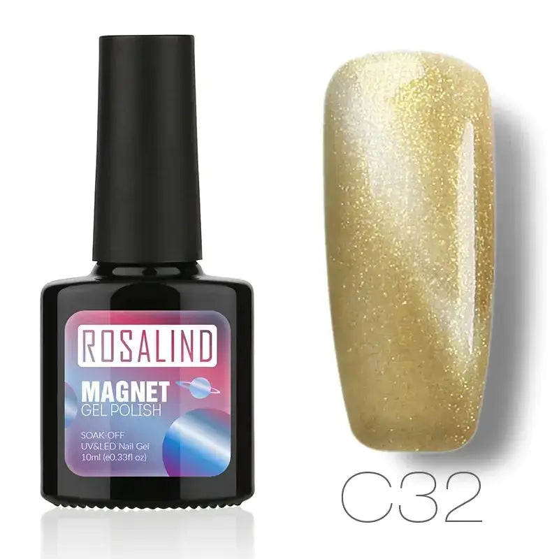 Rosalind magnet gel polish in shade c32, a shimmering gold with sparkling glitter particles.