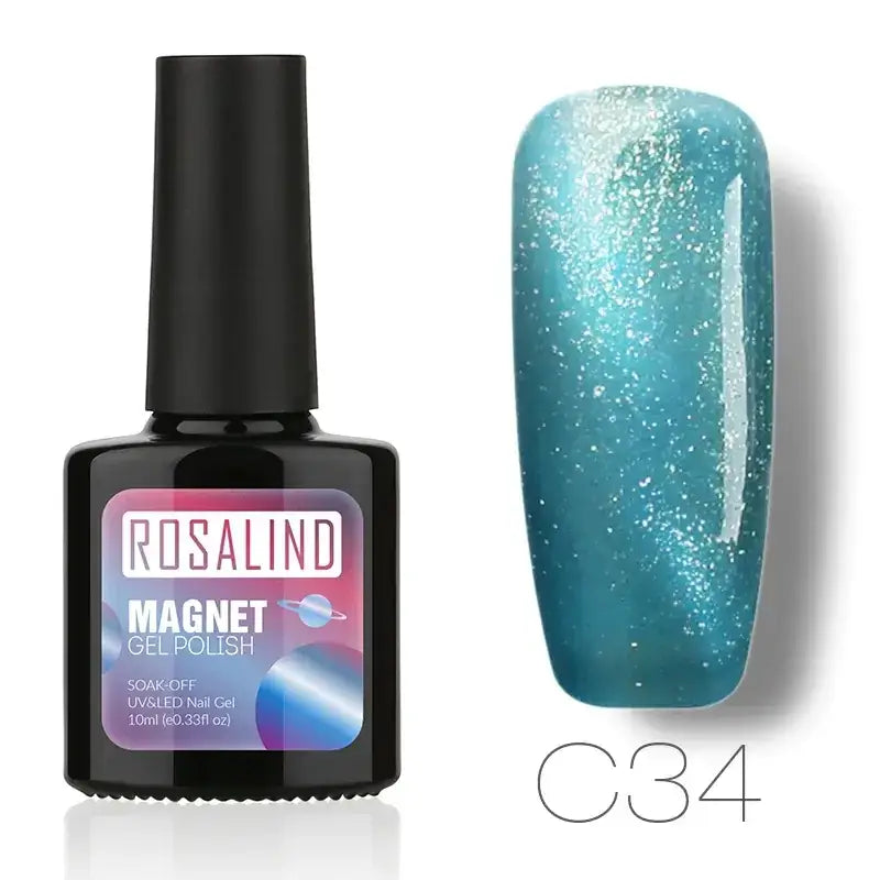 Rosalind magnet gel polish in shade c34, a shimmering teal nail polish with sparkling glitter particles.