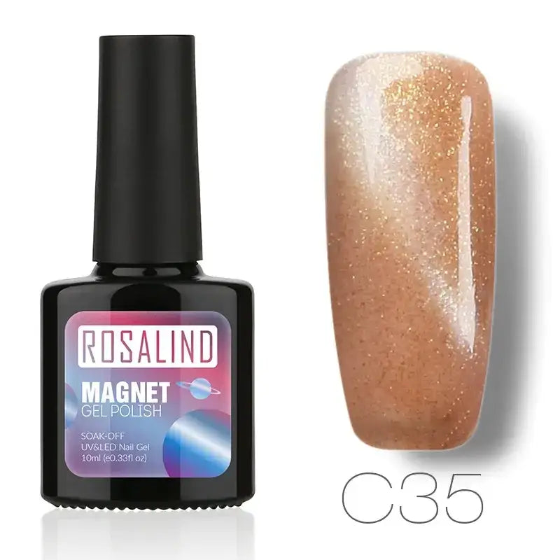 Rosalind magnet gel polish in shade c35, a shimmering bronze with golden glitter.