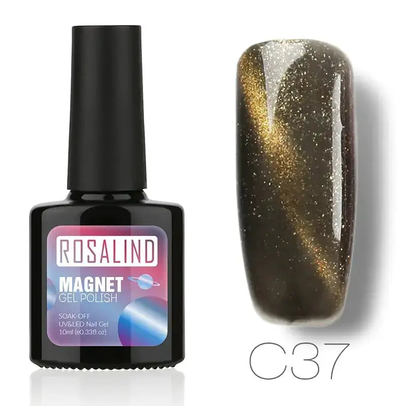 Black bottle of rosalind magnet gel polish in shade c37, featuring a glossy dark base with swirling golden magnetic glitter.