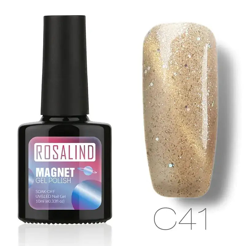 Rosalind magnet gel polish in shade c41, a shimmering gold glitter nail polish with fine metallic flakes.