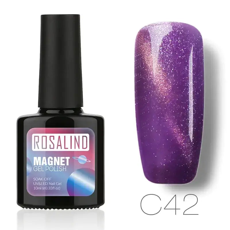 Rosalind magnet gel polish in shade c42, a vibrant purple nail polish with shimmering glitter and subtle pink undertones.