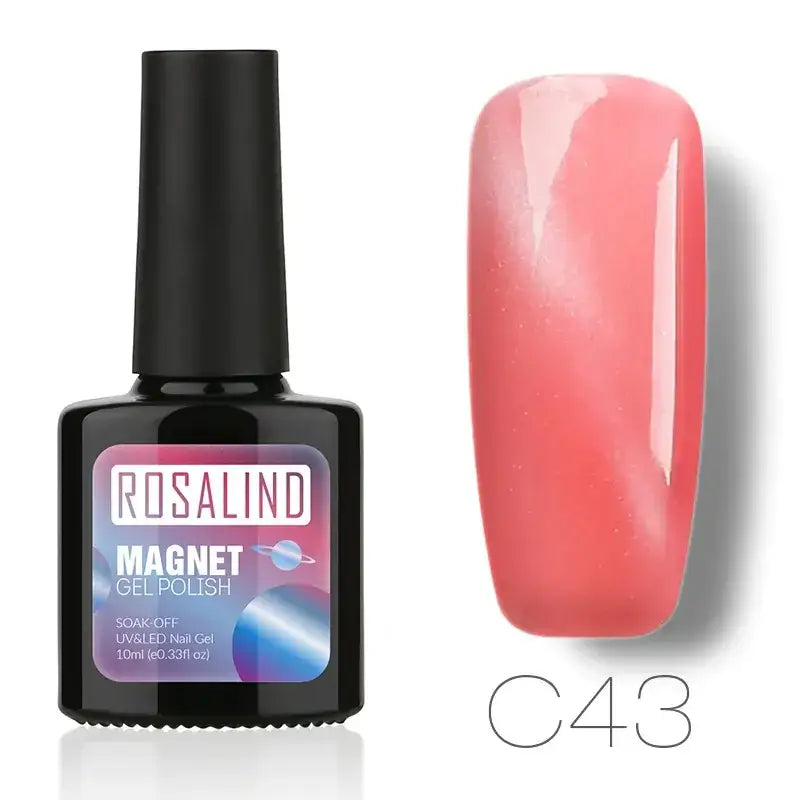 Rosalind magnet gel polish in shade c43, a glossy coral-pink nail polish with a sleek black bottle and cap.