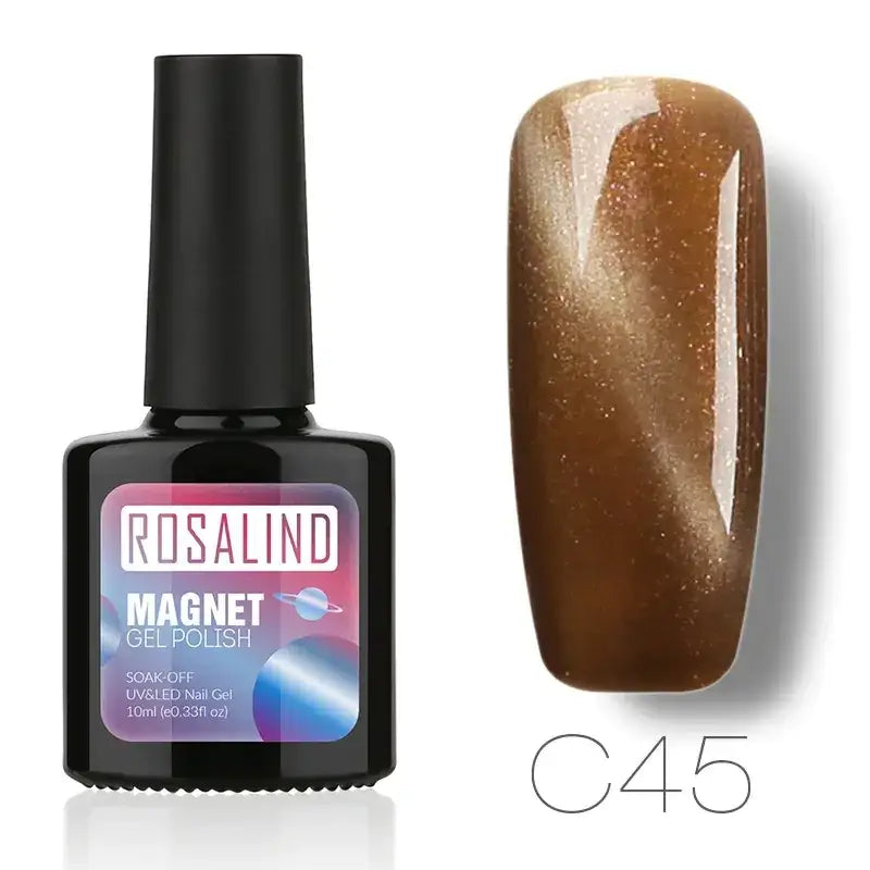 Rosalind magnet gel polish in shade c45, a glossy brown with shimmering gold magnetic effect.