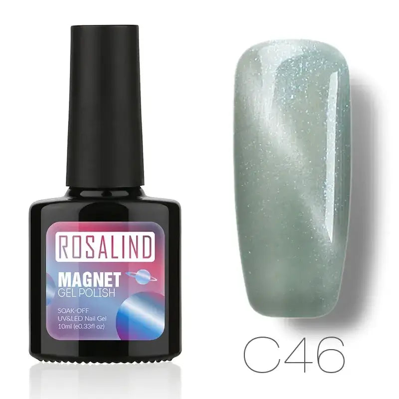 Rosalind magnet gel polish in shade c46, a sleek black bottle with a glossy finish and vibrant label design.