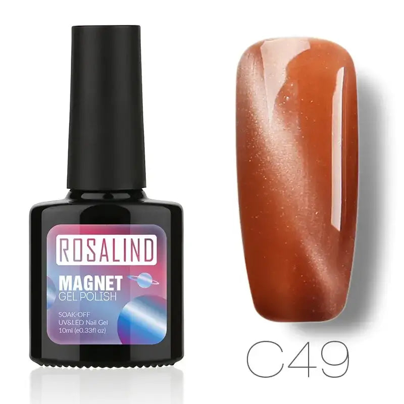 Rosalind magnet gel polish in shade c49, a glossy amber-orange nail polish with shimmering metallic flecks.