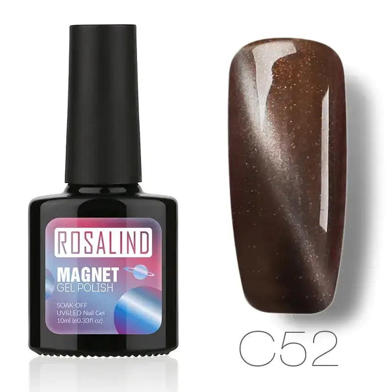 Rosalind magnet gel polish in shade c52, a dark brown nail polish with shimmering gold glitter that creates a cat-eye effect when applied.