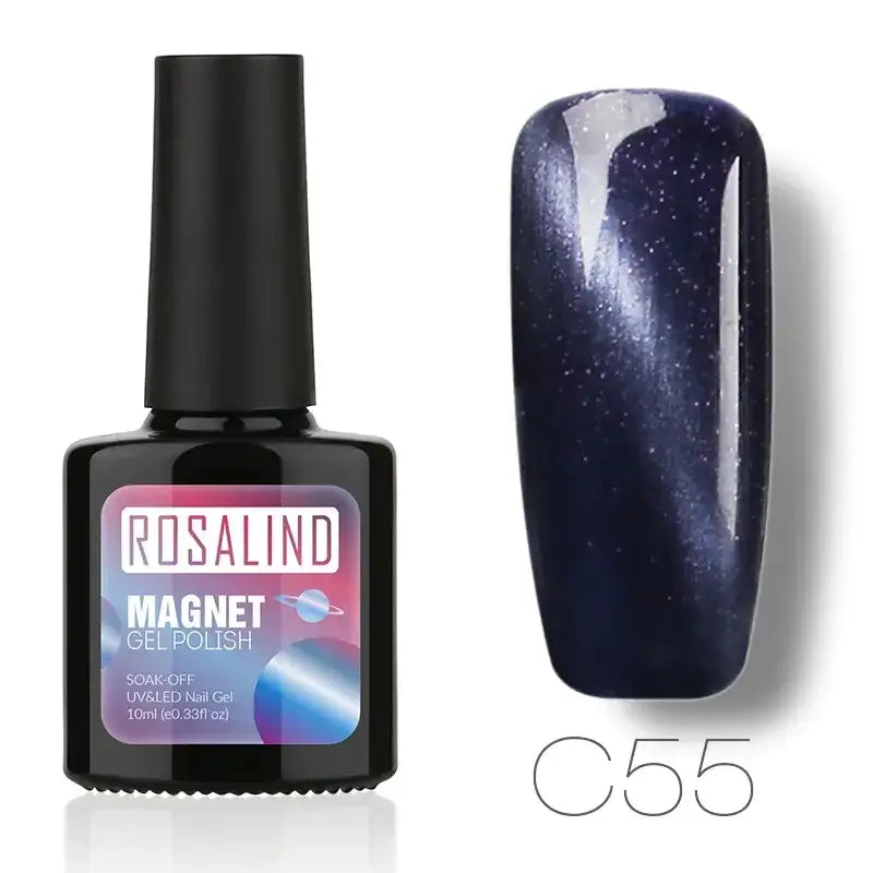 Rosalind magnet gel polish in shade c55, a deep navy blue with shimmering silver glitter and magnetic properties.