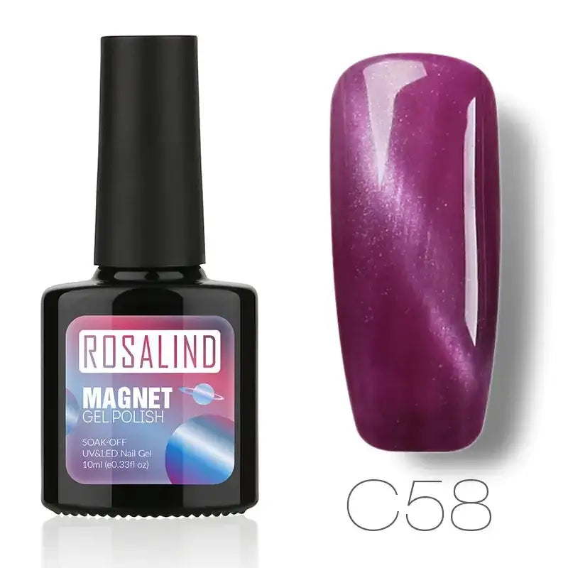 Rosalind magnet gel polish in shade c58, a vibrant purple with shimmering metallic flecks.