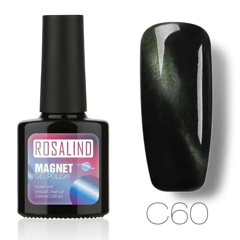 Black magnetic gel nail polish in a sleek black bottle with a purple and blue label, featuring a shimmering greenish-black finish that reveals subtle metallic streaks when magnetized.